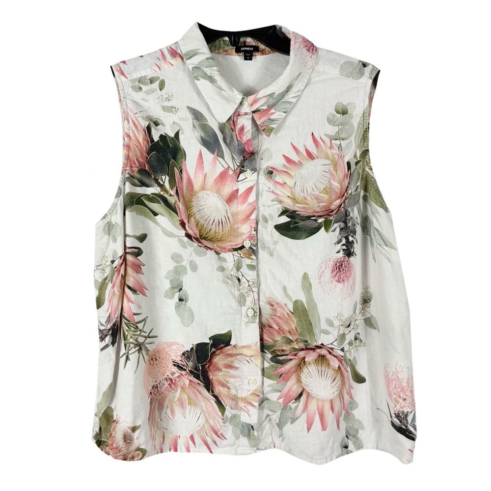 Express Linen Floral Sleeveless Button Up Shirt XL Collared Spring Nature Beachy